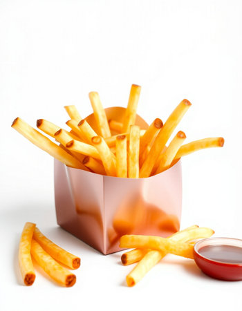 French fries in a box with tomato sauce on a white background.の写真素材