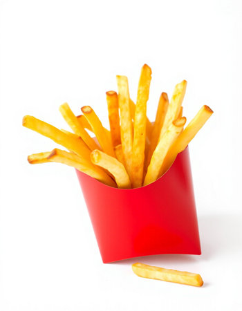 French fries in a red box on a white background. Isolated