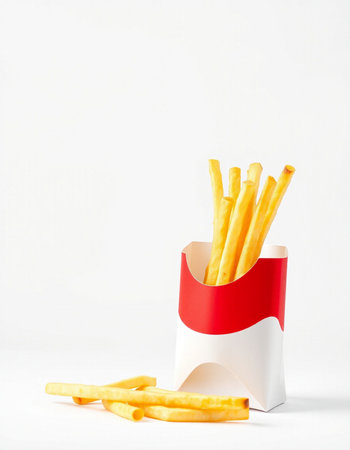 French fries in paper box on white background. Fast food concept.