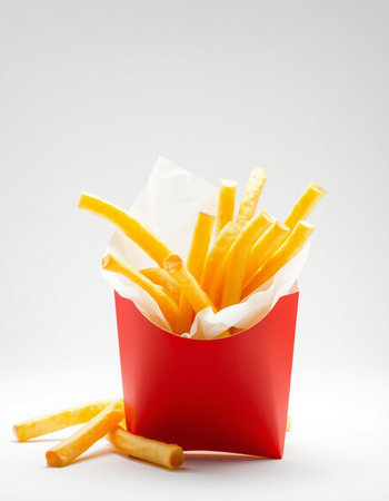 French fries in a red box on a white background. Selective focus.