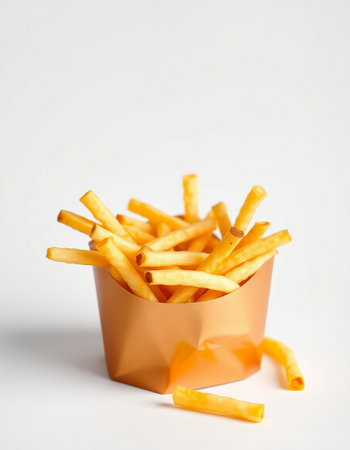 French fries in a paper box on a white background with copy spaceの写真素材