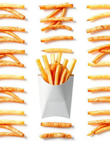 French fries in paper box isolated on white background. Top view.の写真素材