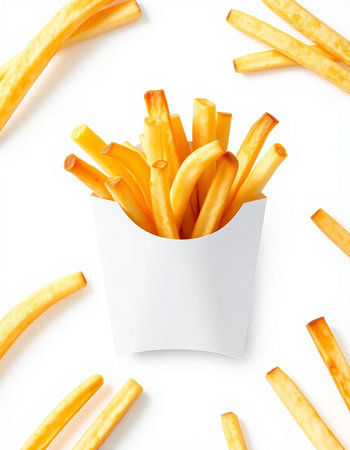 French fries in paper box isolated on white background. Top view.