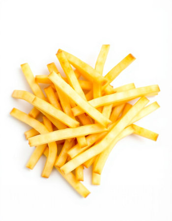 Golden French fries potatoes isolated on white background. Selective focus.