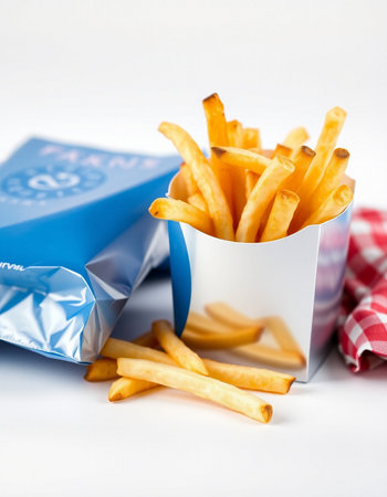 French fries in paper box on white background. Selective focus.の写真素材