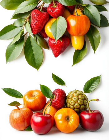 Fruits and vegetables isolated on white background. Healthy food concept.