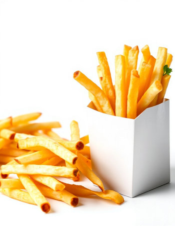 French fries in a white box on a white background. Selective focus