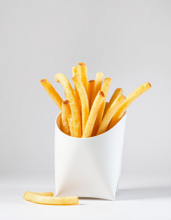 French fries in a white paper cup on a gray background. Selective focus.
