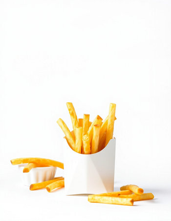 French fries in a white box on a white background. Fast food.