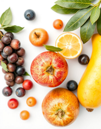 Fresh fruits and berries isolated on white background. Healthy food concept.