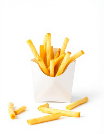 French fries in a white box on a white background. Isolated