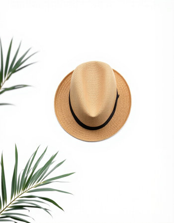 Straw hat and palm leaves on white background. Flat lay, top viewの写真素材