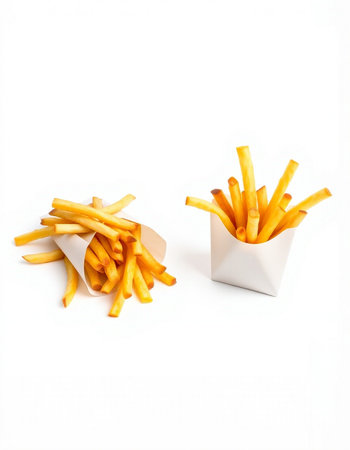 French fries in a white box on a white background. Isolated