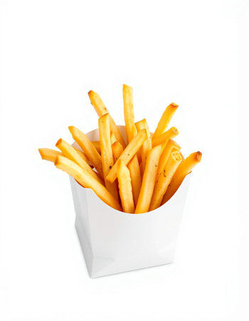 French fries in a paper box isolated on white background. Close up.