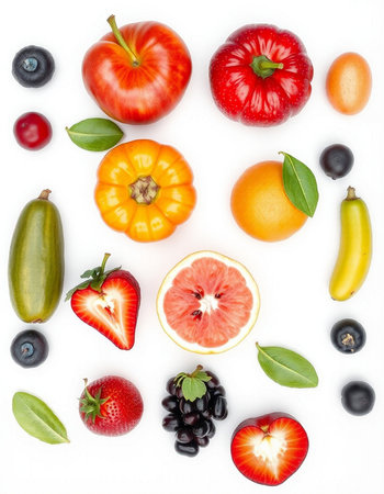 Fresh fruits and vegetables isolated on white background. Top view. Flat lay pattern