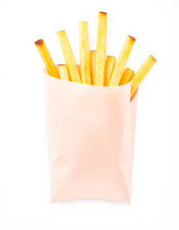 French fries in paper bag isolated on white background. Top view.