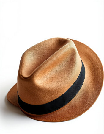 Straw hat isolated on a white background. Brown hat with black ribbon.の写真素材