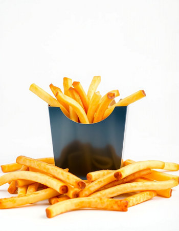 French fries in a paper box on a white background. Selective focus.