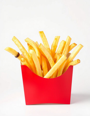 French fries in a red box on a white background, fast foodの写真素材
