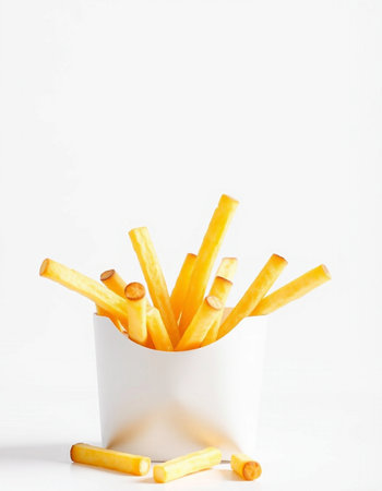 French fries in a white box isolated on white background. Copy space.の写真素材