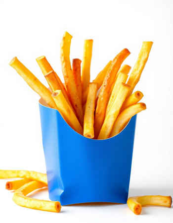 French fries in a blue box on a white background. Isolated