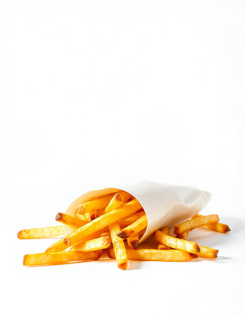 French fries in a paper cup on a white background. Selective focus.の写真素材