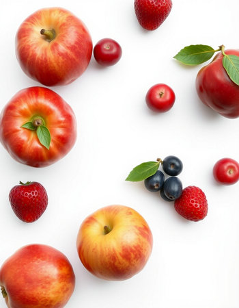 Fresh berries and apples on white background, top view. Healthy foodの写真素材