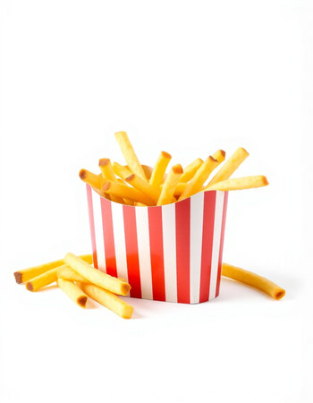 French fries in a paper box isolated on white background. Fast food.
