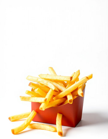French fries in a red box on a white background. Fast food.