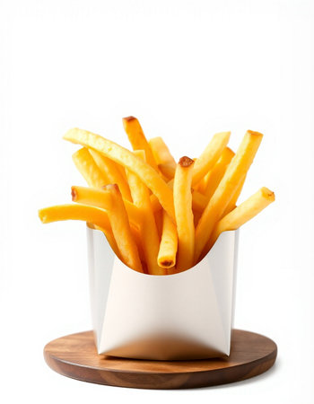 French fries in a paper box on a white background. Isolated