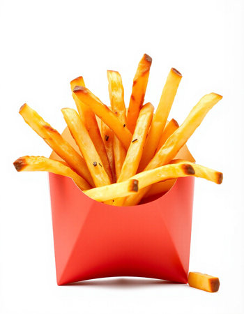 French fries in a red box on a white background. Isolated