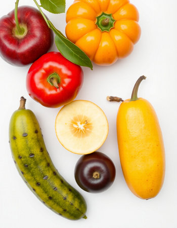 Fruits and vegetables isolated on a white background. Top view.の写真素材