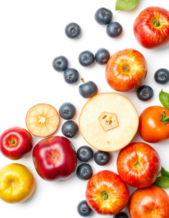 Red apples, blueberries and tomatoes isolated on white background. Top view