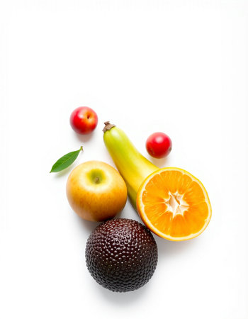 Fruits isolated on white background. Healthy food concept. Top view.の写真素材