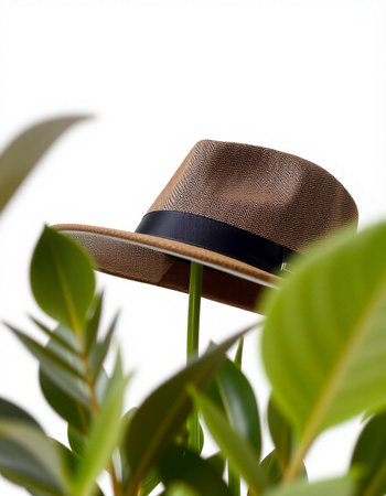 Straw hat on a green plant isolated on a white background.の写真素材