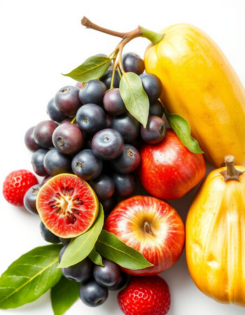 Fresh fruits and vegetables isolated on white background. Healthy food concept.の写真素材