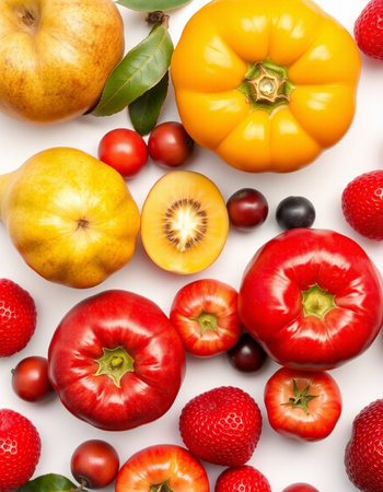 Fresh fruits and vegetables isolated on white background. Top view. Flat lay.