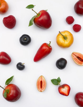 Fruits and berries on white background. Top view. Flat lay.の写真素材