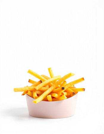 Potato fries in a bowl on a white background with copy space