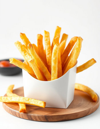 French fries in a white box on a wooden board on a white background