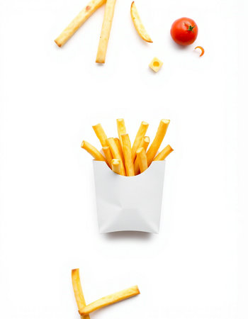 French fries in white paper box isolated on white background. Top view.