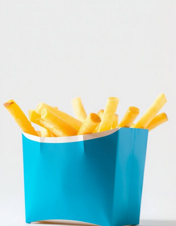 French fries in a blue box on a white background. Selective focus.の写真素材