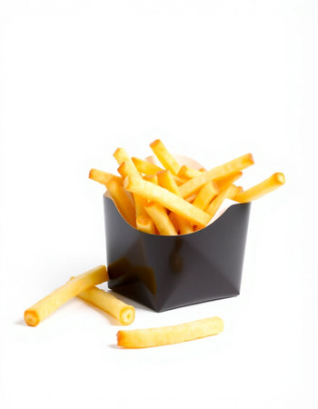 Golden French fries in a black box on a white background, isolated