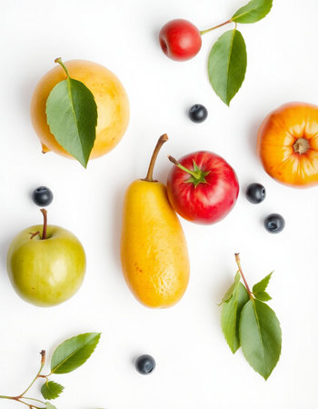 Fruits and berries on white background. Flat lay, top viewの写真素材