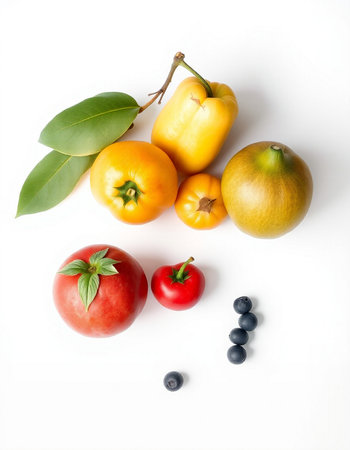 Tomatoes, peppers and blueberries on white background. Top viewの写真素材