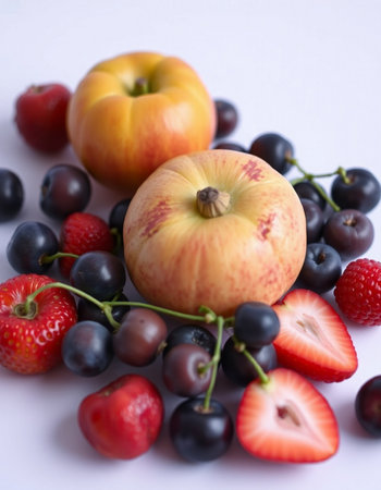 Mix of fresh berries on a white background. Ripe peach, strawberries, blueberries, black currants.の写真素材