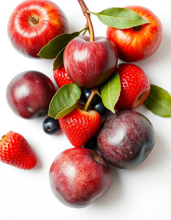 Fruits and berries on a white background. View from above.の写真素材