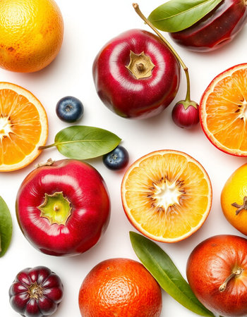 Fruits isolated on white background. Top view. Flat lay patternの写真素材