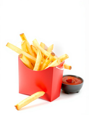 French fries in a red box with ketchup on a white background