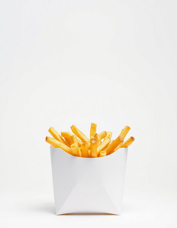 French fries in a white box on a white background. Fast food